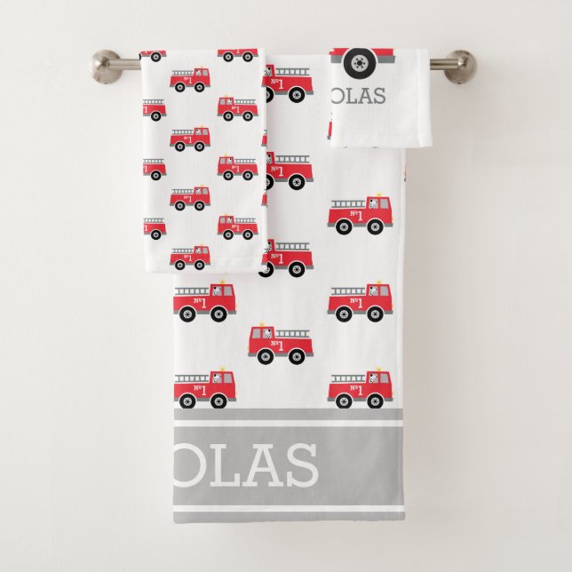 Kids Personalized Fire Truck Bath Towel Set (Insitu)