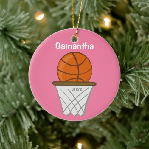 Kids Personalized Girl Basketball Pink Keepsake Ceramic Ornament