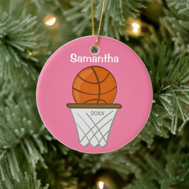 Kids Personalized Girl Basketball Pink Keepsake Ceramic Ornament (Tree)