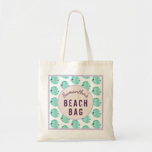 Kids Personalized Name Fish Lilac & Teal Beach Tote Bag
