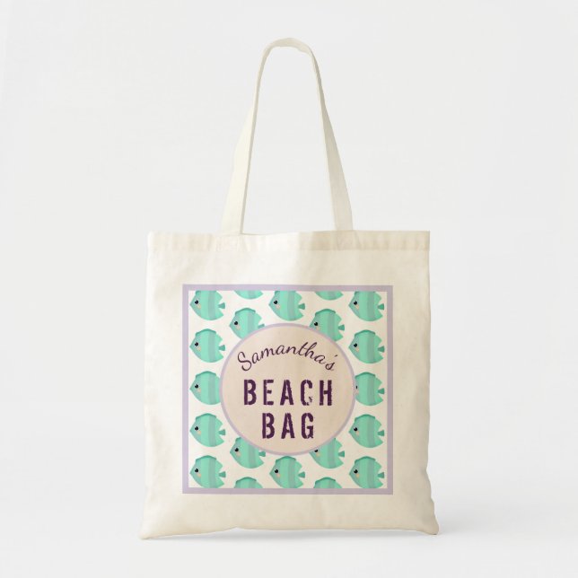 Kids Personalized Name Fish Lilac & Teal Beach Tote Bag (Front)