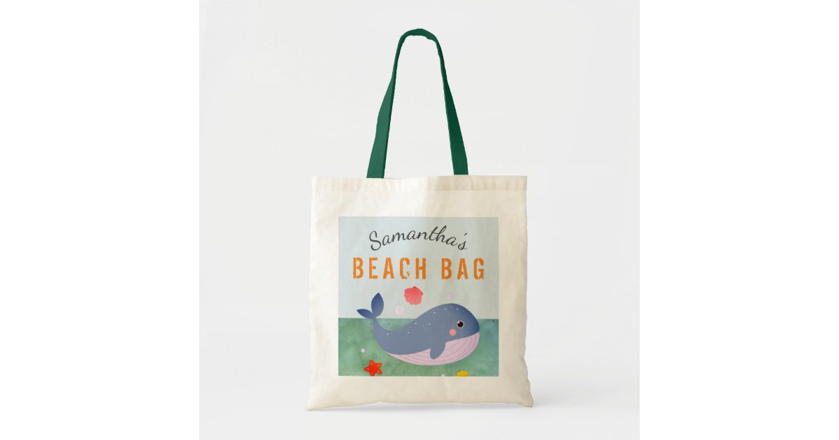 Kids Personalized Name Whale Beach Tote Bag