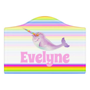 Kids personalized narwhal watercolor whimsy art door sign