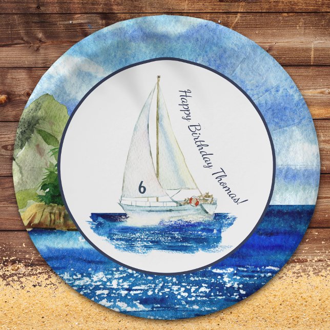 Kids Personalized Ocean Sailboat Birthday Party Paper Plates (Creator Uploaded)