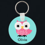 Kids Personalized Owl Key Chain<br><div class="desc">This kids personalized key chain features a cute hot pink owl on a bright blue background.  The background color or the key chain can be altered in the design area when you personalize it. It's suitable for a young girl who like owls.</div>