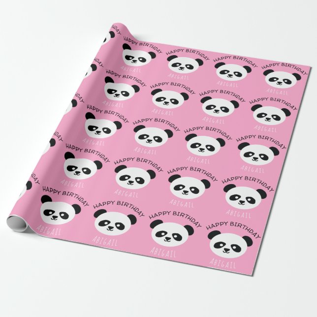 Kids Personalized Panda Bear Kawaii Birthday Pink Wrapping Paper (Unrolled)
