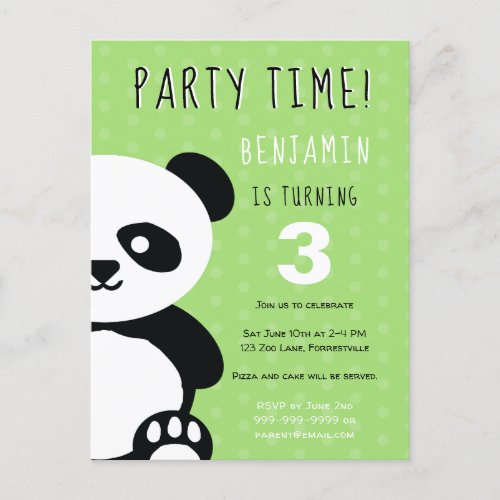 Kids Personalized Panda Kawaii Green Birthday Invitation Postcard