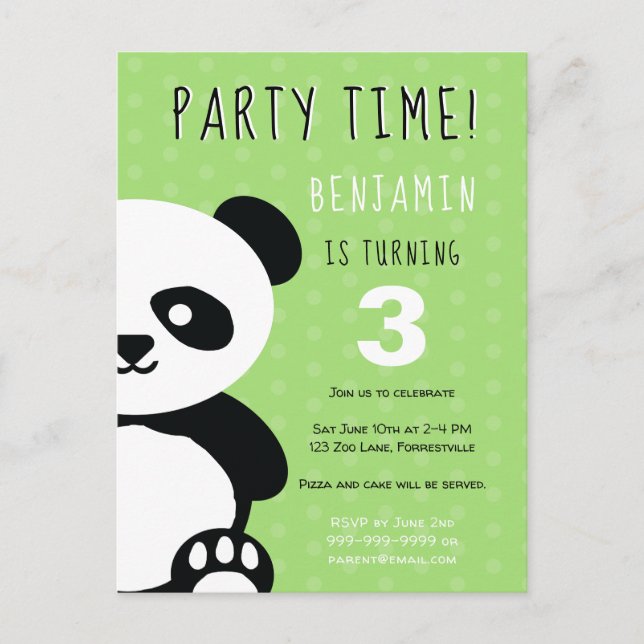 Kids Personalized Panda Kawaii Green Birthday Invitation Postcard (Front)
