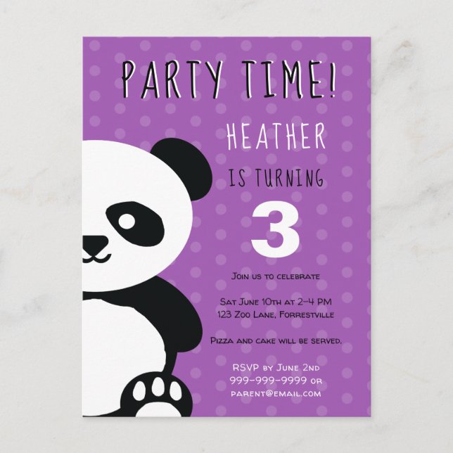 Kids Personalized Panda Kawaii Purple Birthday Invitation Postcard (Front)