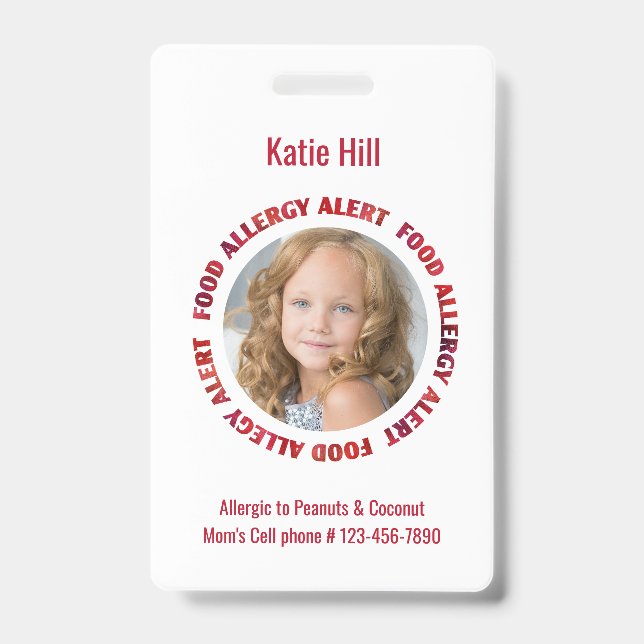 Kids Personalized Photo Food Allergy Medical Alert Badge (Front)