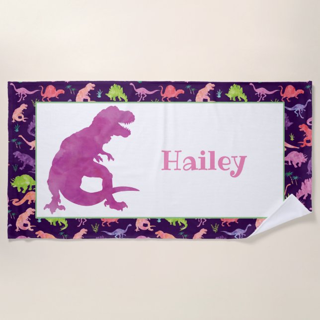 Kids Personalized Purple Dinosaur Watercolor T-Rex Beach Towel (Front)