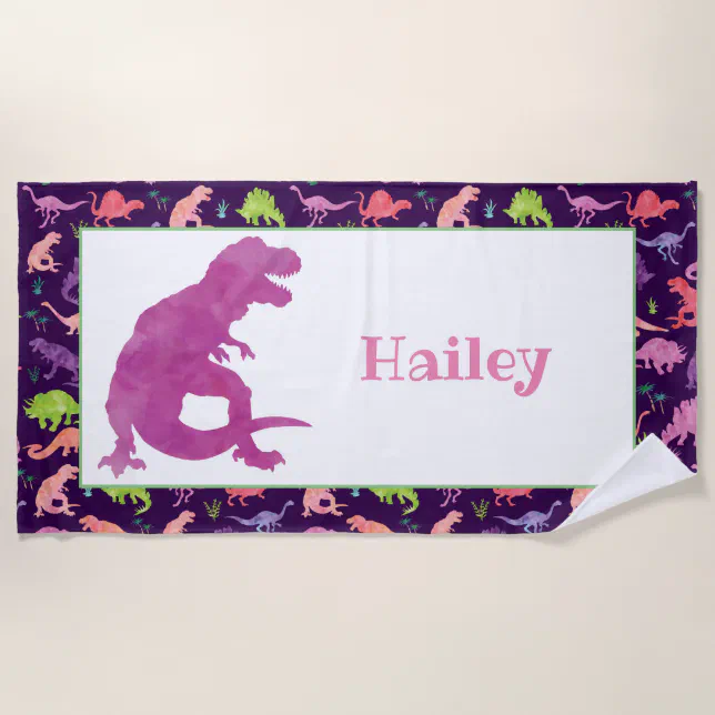 Kids Personalized Purple Dinosaur Watercolor T-Rex Beach Towel | Zazzle