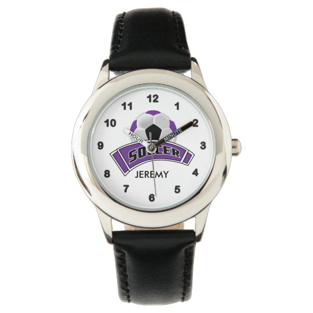 Kids Personalized Purple Soccer  Watch (Front)
