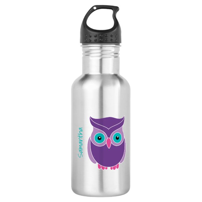 Kids Personalized Purple Teal Cute Owl Stainless Steel Water Bottle (Front)