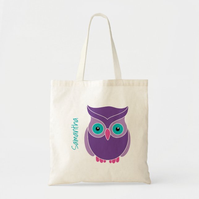Kids Personalized Purple Teal Cute Owl Tote Bag (Front)