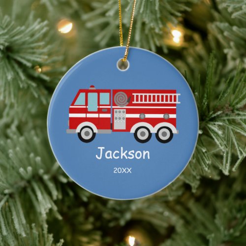 Kids Personalized Red Fire Truck Christmas Ceramic Ornament