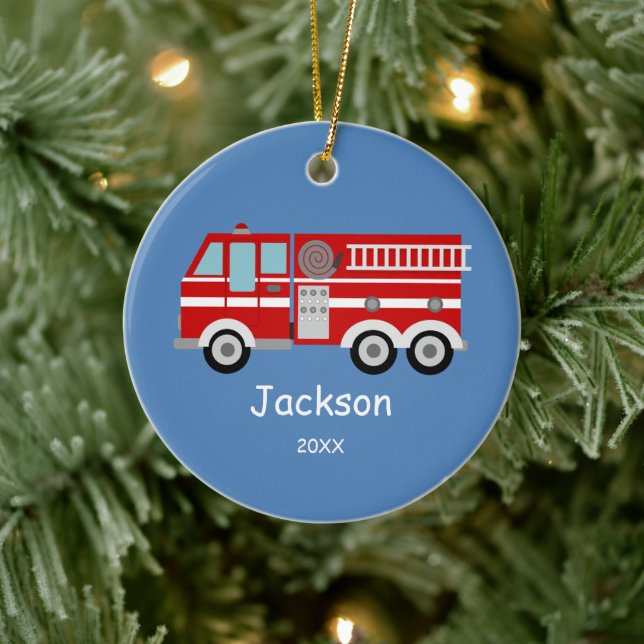 Kids Personalized Red Fire Truck Christmas Ceramic Ornament (Tree)
