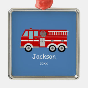 Kids Personalized Red Fire Truck Christmas Metal Ornament