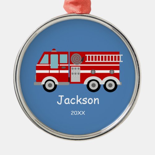 Kids Personalized Red Fire Truck Christmas Metal Ornament