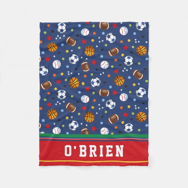 Kids Personalized Red Multi Sports Fleece Throw Blanket (Front)