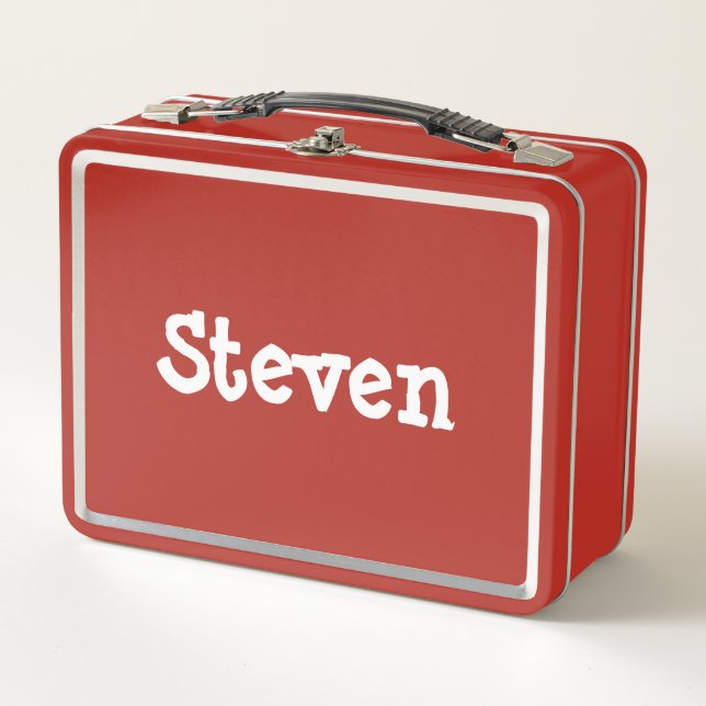 Kids Personalized Red White Whimsical Name Metal Lunch Box (Front)