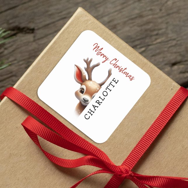 Kids Personalized Reindeer Christmas Square Sticker (Creator Uploaded)
