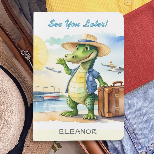 Kids Personalized See You Later Alligator Passport Holder (A personalized passport cover with cheerful alligator cartoon and 'See You Later' caption)