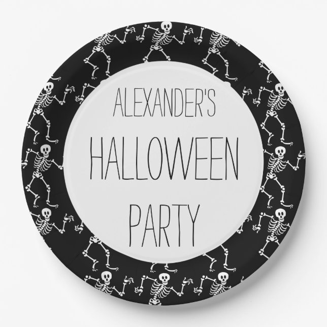 Kids Personalized Skeleton Pattern Halloween Party Paper Plates (Front)