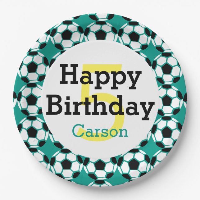 Kids Personalized Soccer Ball Happy Birthday Sport Paper Plates (Front)