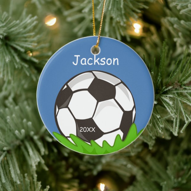 Kids Personalized Soccer Ball Keepsake Ceramic Ornament (Tree)