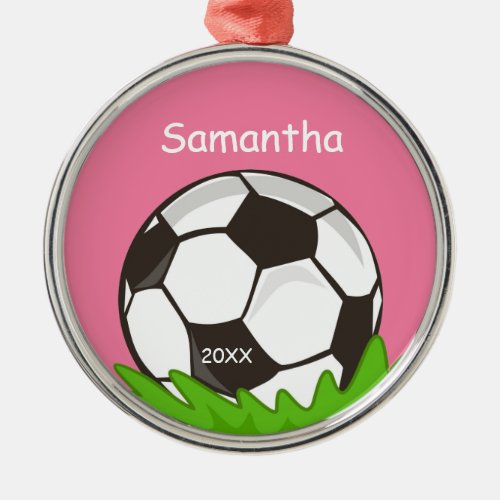 Kids Personalized Soccer Ball Pink Metal Ornament