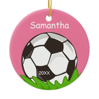 Kids Personalized Soccer Ball Pink Christmas Tree Ornament