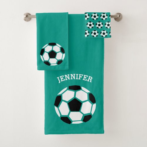 Kids Personalized Soccer Ball Sports Green Bath Towel Set