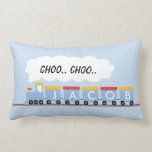 Kids Personalized Train Cushion<br><div class="desc">This children's personalized cushion features a cute train in blue, deep red and yellow on a light blue background. The back of the pillow features a slightly different train going in the opposite direction. Both sides of the cushion are ready to be personalized. This cushion is suitable for a nursery...</div>
