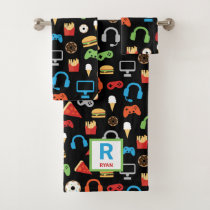 Kids Personalized Video Game Snacks Gamer Pattern Bath Towel Set