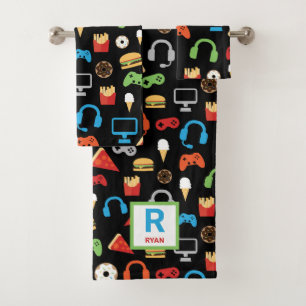 Kids Personalized Video Game Snacks Gamer Pattern Bath Towel Set