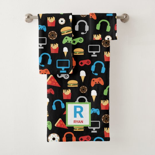 Kids Personalized Video Game Snacks Gamer Pattern Bath Towel Set
