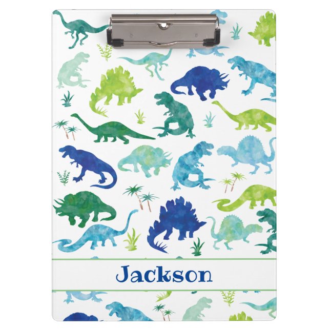 Kids Personalized Watercolor Dinosaur Blue Green Clipboard (Front)