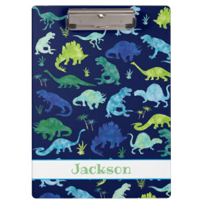 Kids Personalized Watercolor Dinosaur Blue Green Clipboard