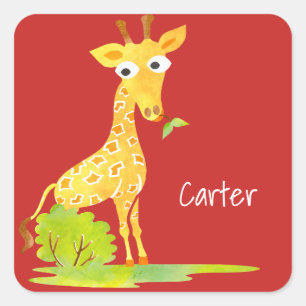 Kids Personalized Watercolor Giraffe Red Square Sticker