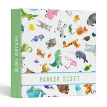 Kids Personalized Watercolor Zoo Animals 3 Ring Binder