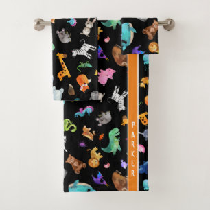 Kids Personalized Watercolor Zoo Animals Bath Towel Set