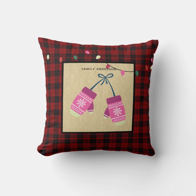 Kids Personalized Xmas MITTENS Buffalo Plaid Throw Pillow (Front)