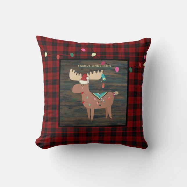 Kids Personalized Xmas MOOSE Buffalo Plaid Throw Pillow (Front)