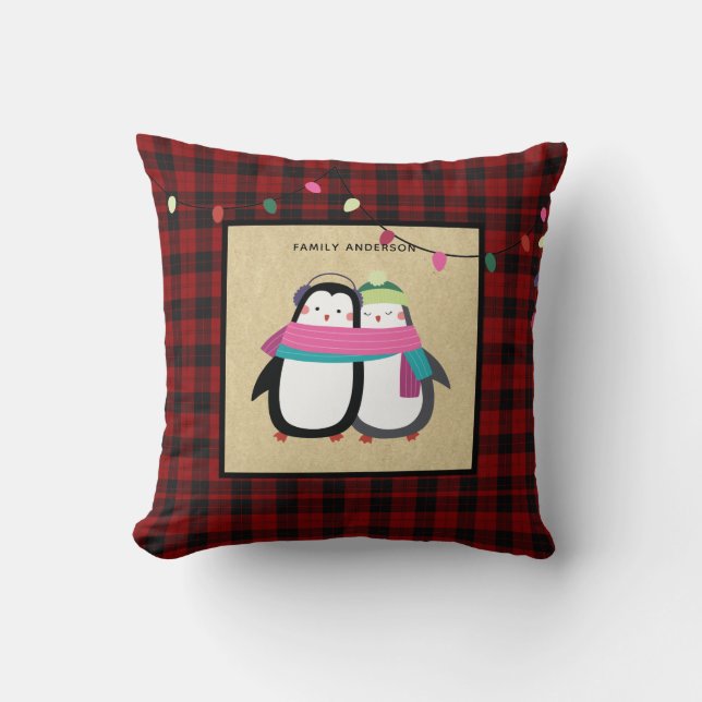 Kids Personalized Xmas Penguins Buffalo Plaid Throw Pillow (Front)