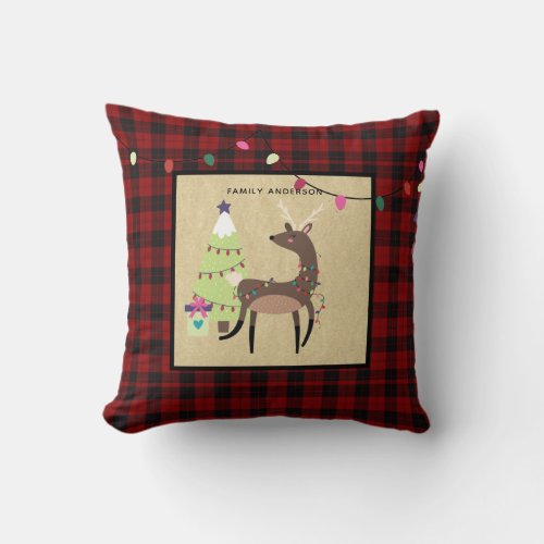 Kids Personalized Xmas Reindeer Deer Buffalo Plaid Throw Pillow