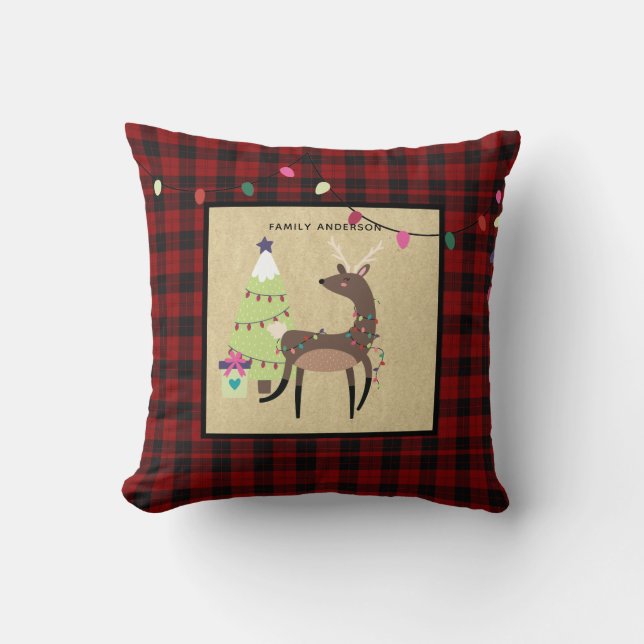 Kids Personalized Xmas Reindeer Deer Buffalo Plaid Throw Pillow (Front)