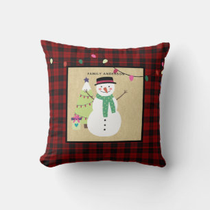 Kids Personalized Xmas Snowman Buffalo Plaid Throw Pillow