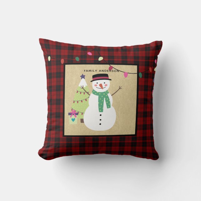 Kids Personalized Xmas Snowman Buffalo Plaid Throw Pillow (Front)