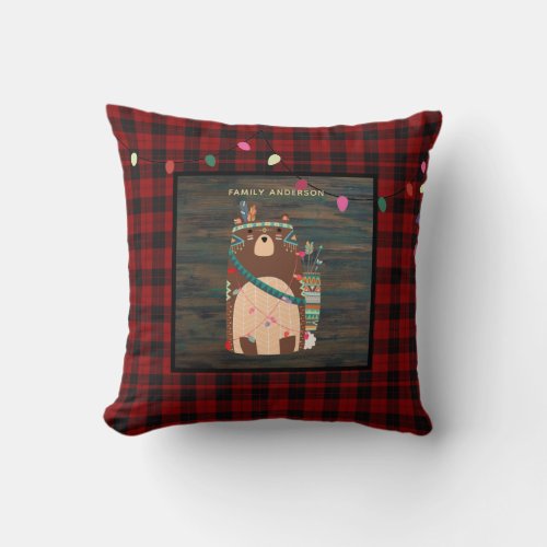 Kids Personalized Xmas Tribal Bear Buffalo Plaid Throw Pillow